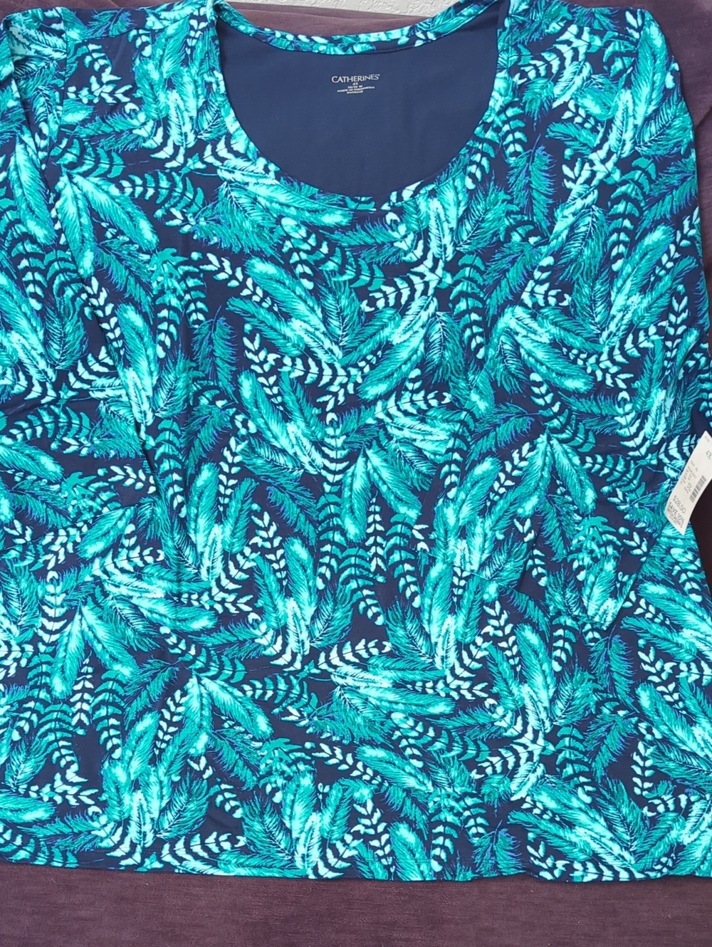 Catherines Teal & Black Tropical Leaf Scoop Neck Top